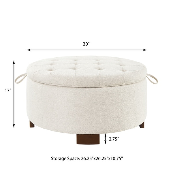 dimension image slide 3 of 10, 30" Round Boucle Storage Ottoman with Reversible Tray Lid & Wood Legs
