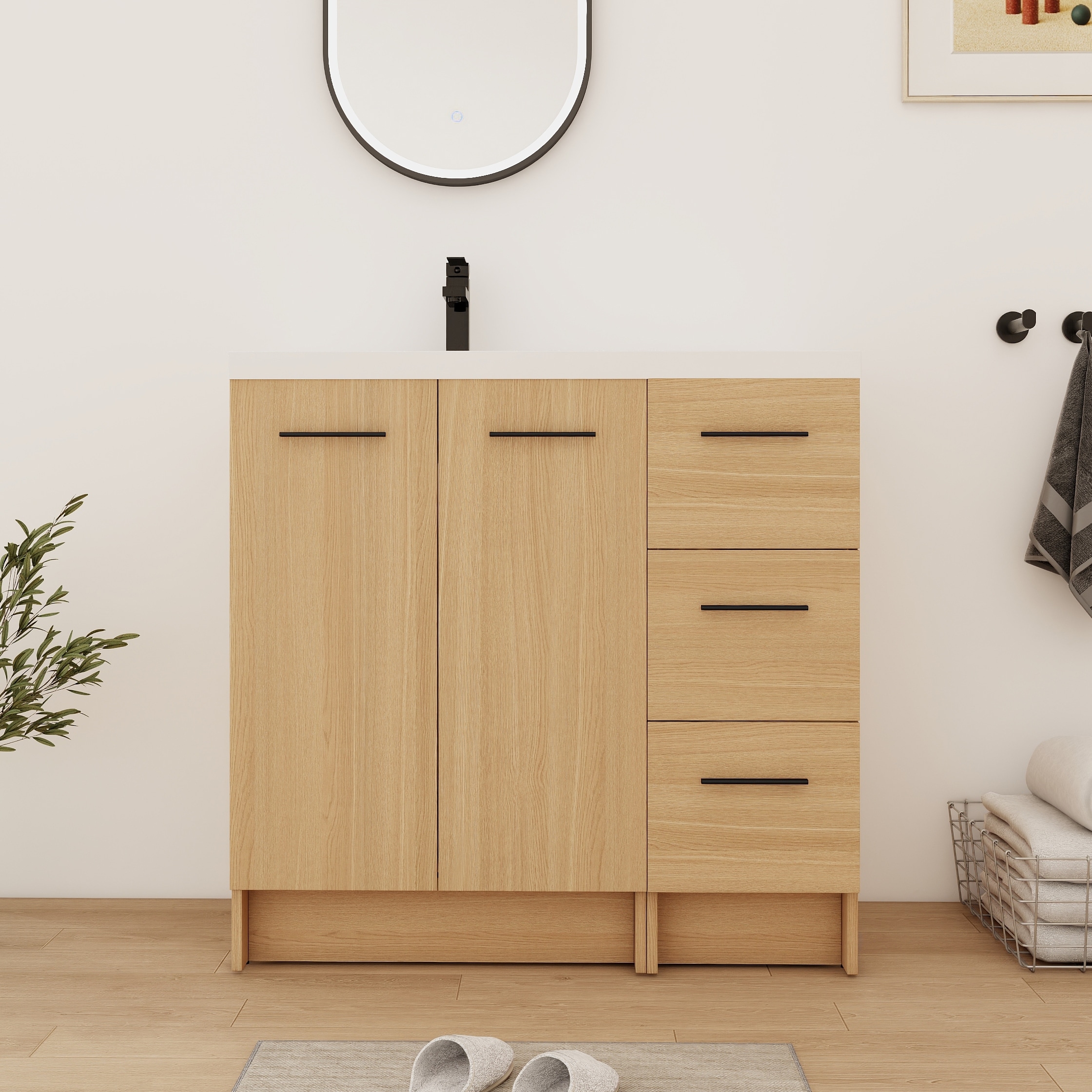 Bathroom Vanity With Resin Sink In 24/36/48 Inch, Freestanding Bathroom Vanity with Doors/Drawers and Adjustable Shelf