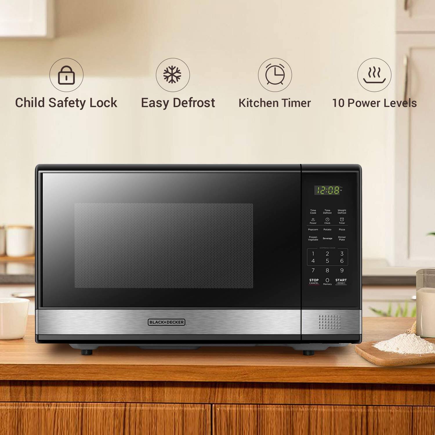EM031MB11 Digital Microwave Oven with Turntable PushButton Door, Child