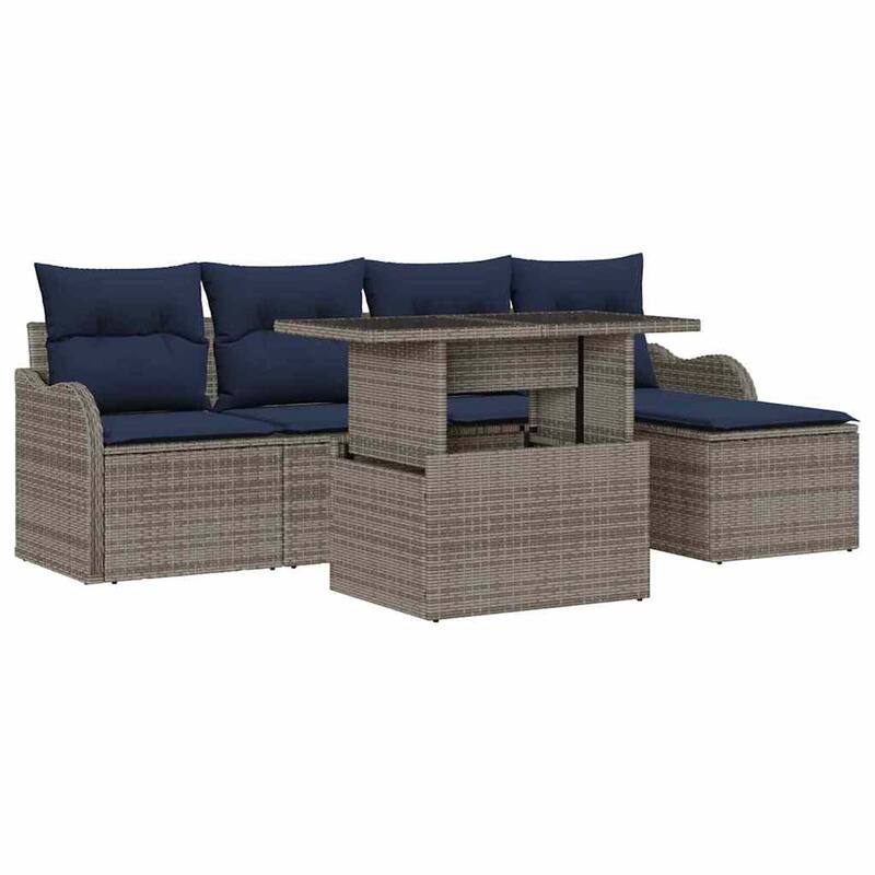 vidaXL 6 Garden Sofa Set with Cushions Black/Brown/Grey Poly Rattan - 90.9 x 46.1 x 27.2
