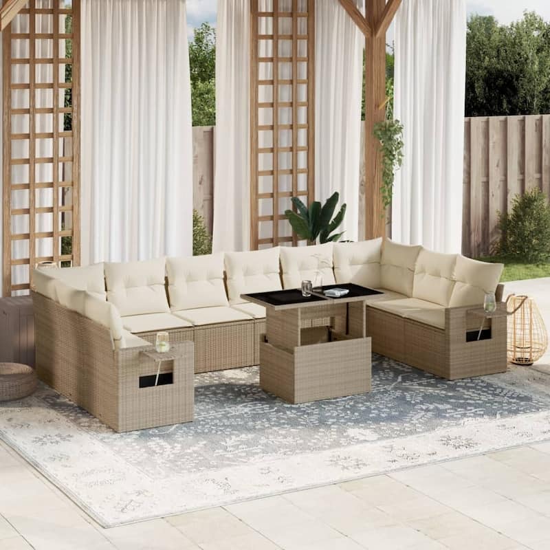 vidaXL Patio Sofa Set with Cushions Outdoor Furniture 11 Piece Poly Rattan - 24.4 x 24.4 x 27.2 - Beige and Cream