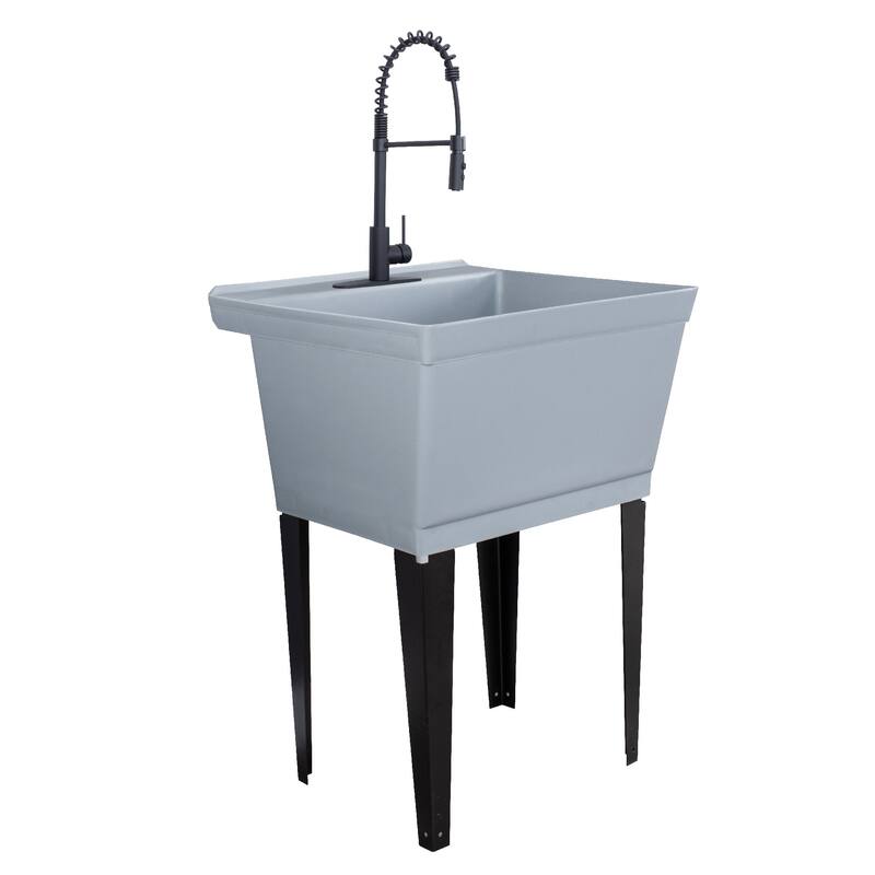 TEHILA Utility Sink Laundry Tub with Black High Arc Coil Faucet - Grey