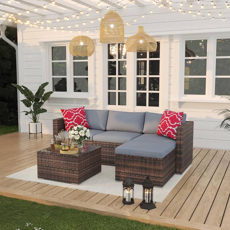 5-Piece Patio Conversation Set with Coffee Table for Garden - Brown+Grey