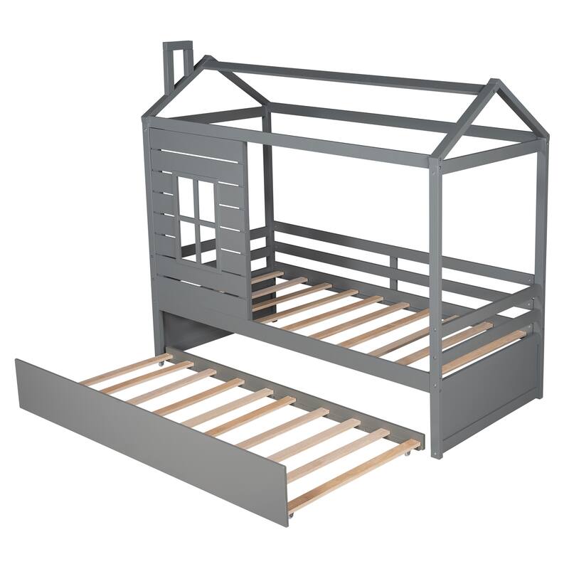 Twin House Bed with Trundle, Roof & Windows
