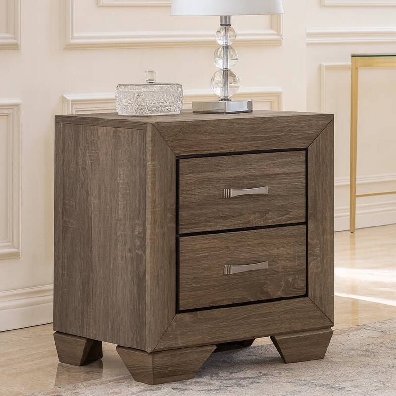 Transitional Style Wooden Nightstand with Two Drawers and Tapered Feet, Brown