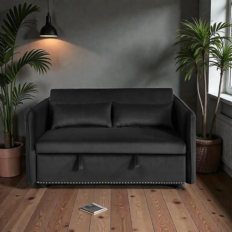 3 in 1 Convertible Sleeper Sofa Bed, Velvet Futon Loveseat with Pull Out Bed, Adjustable Backrest and Side Pockets