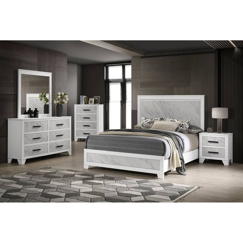 Contemporary White Queen Size Bed with Faux Marble Panel Headboard