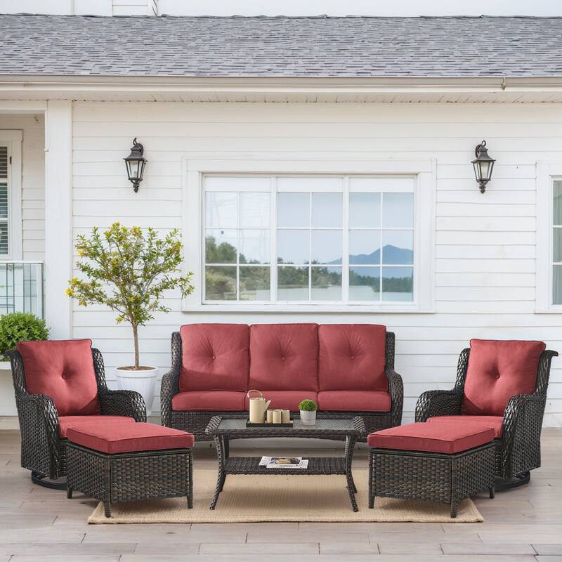 Outdoor Swivel Chairs with Sofa Ottoman Table - Brown - Red