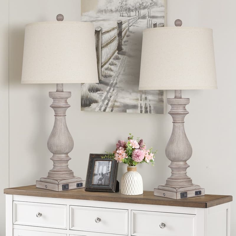 27.5'' Beige Bedside Resin Table Lamps with Built-in USB Ports, and Touch Control (Set of 2) - 12.5'' x 12.5'' x 27.5''