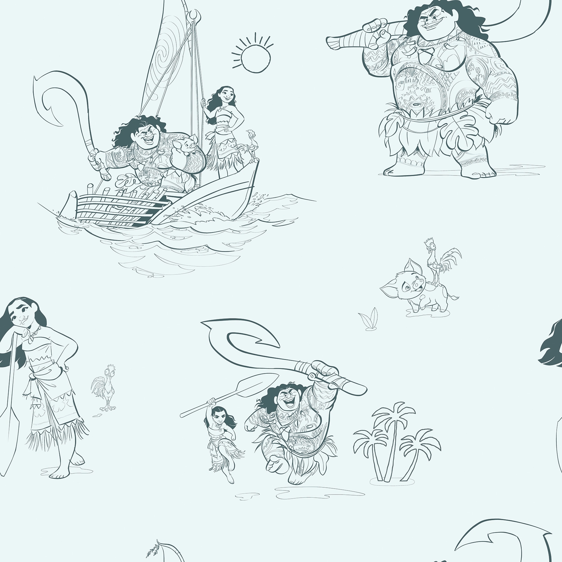 Disney Moana Line Art Blue Peel and Stick Wallpaper