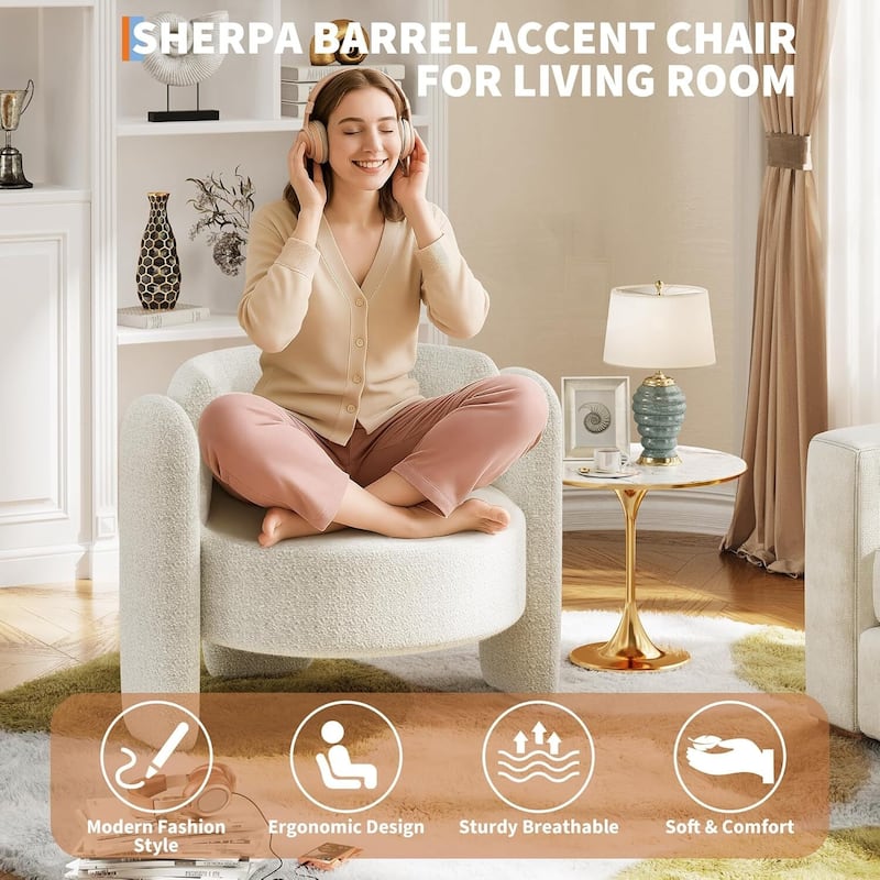 Modern Sherpa Upholstered Boucle Accent Barrel Sofa Chair for Living Room, Bedroom