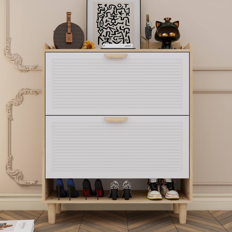 Narrow Shoe Cabinet with 2 Flip Drawers, Freestanding Storage Organizer, Shoe Rack with Solid Wood Legs for Entryway - Natural+White