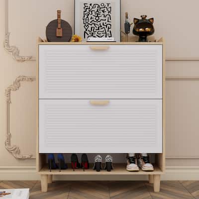 Narrow Shoe Cabinet with 2 Flip Drawers, Freestanding Storage Organizer, Shoe Rack with Solid Wood Legs for Entryway