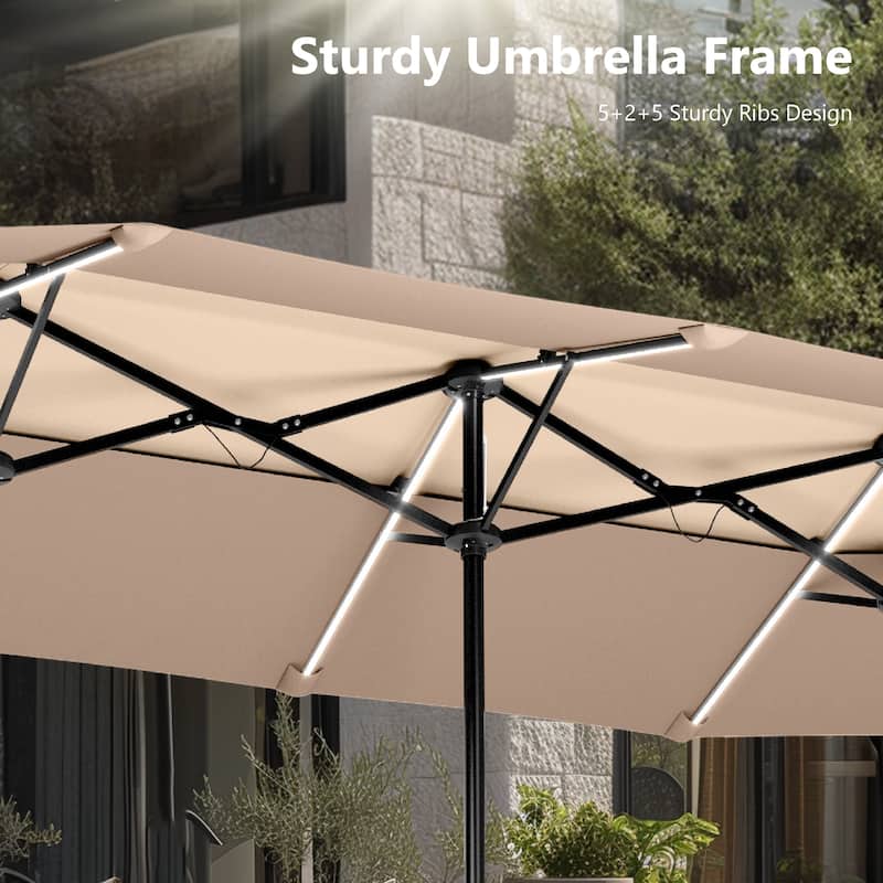 MAISON ARTS 13ft Double-Sided Outdoor Umbrella, 2-Tier Vented Market Umbrella with Colored Lights and Base