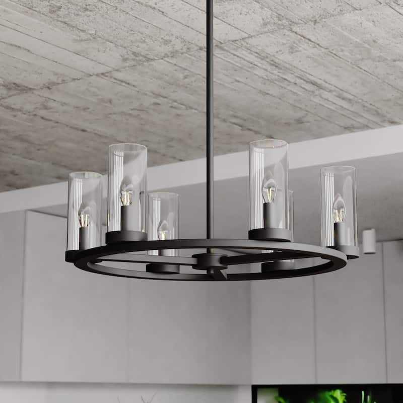 Grantley Wheel Chandelier Light Fixture Clear Glass Shade, LED Compatible, Damp Rated - Matte Black - 26-in W x 17.25-in H x 26-in D