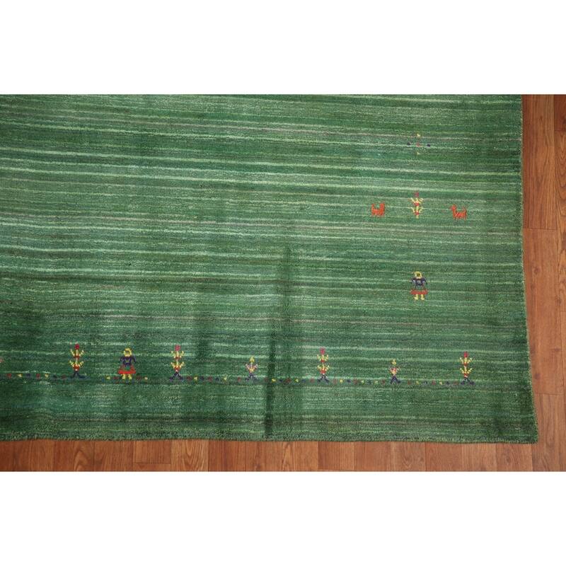 Striped Green Gabbeh Oriental Area Rug Handmade Silk Carpet - 9'1"x 11'5"