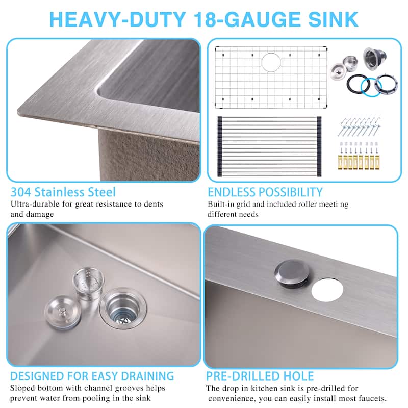 30 in. Drop-In/Undermount Single Bowl 16 Gauge Brushed 304 Stainless Steel Kitchen Sink with Accessories