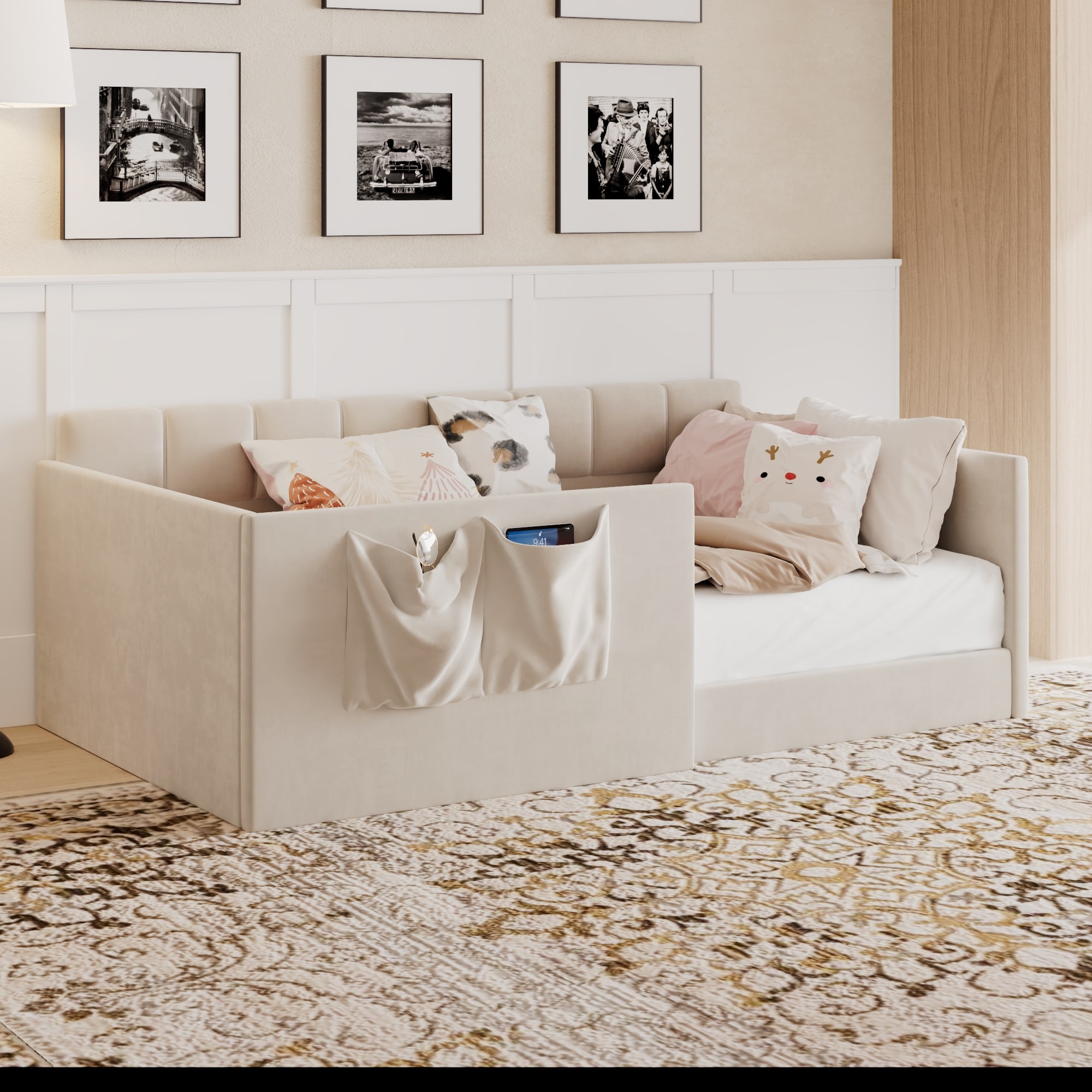 Roomfitters Twin/Full Size Upholstered Daybed Sofa Bed with Side Storage Pockets and Square Tufted Backrest for Guest Room