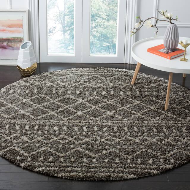 SAFAVIEH Arizona Shag Lotta Moroccan 1.2-inch Thick Rug - 8' x 8' Round - Brown/Ivory