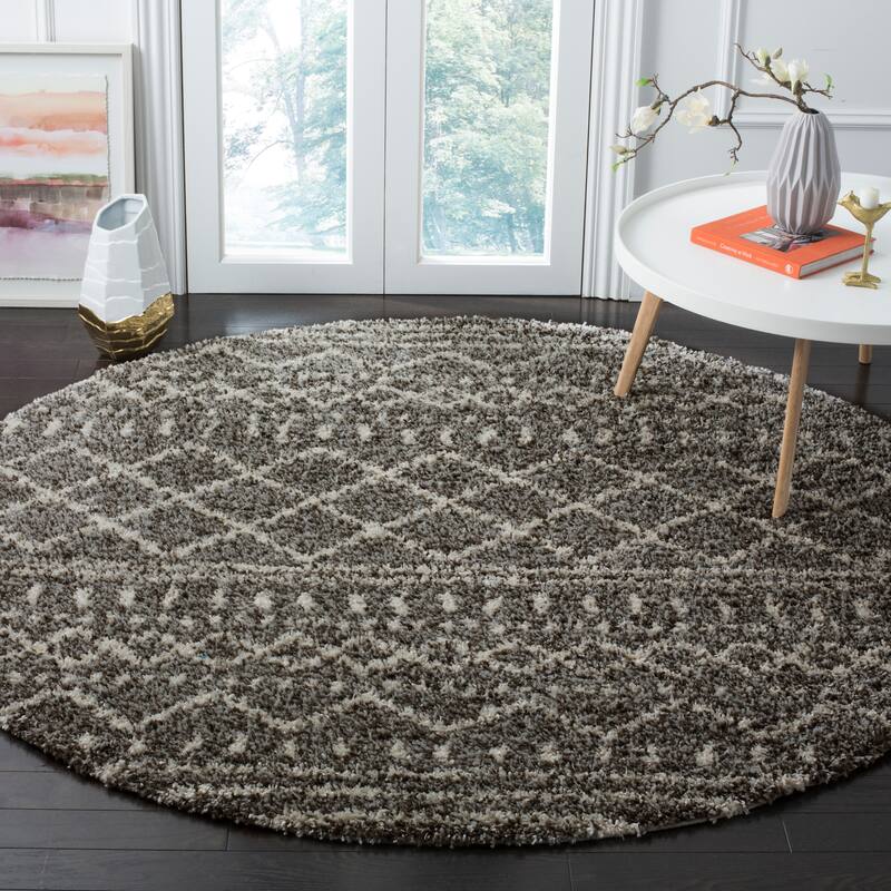 SAFAVIEH Arizona Shag Lotta Moroccan 1.2-inch Thick Rug - 8' x 8' Round - Brown/Ivory