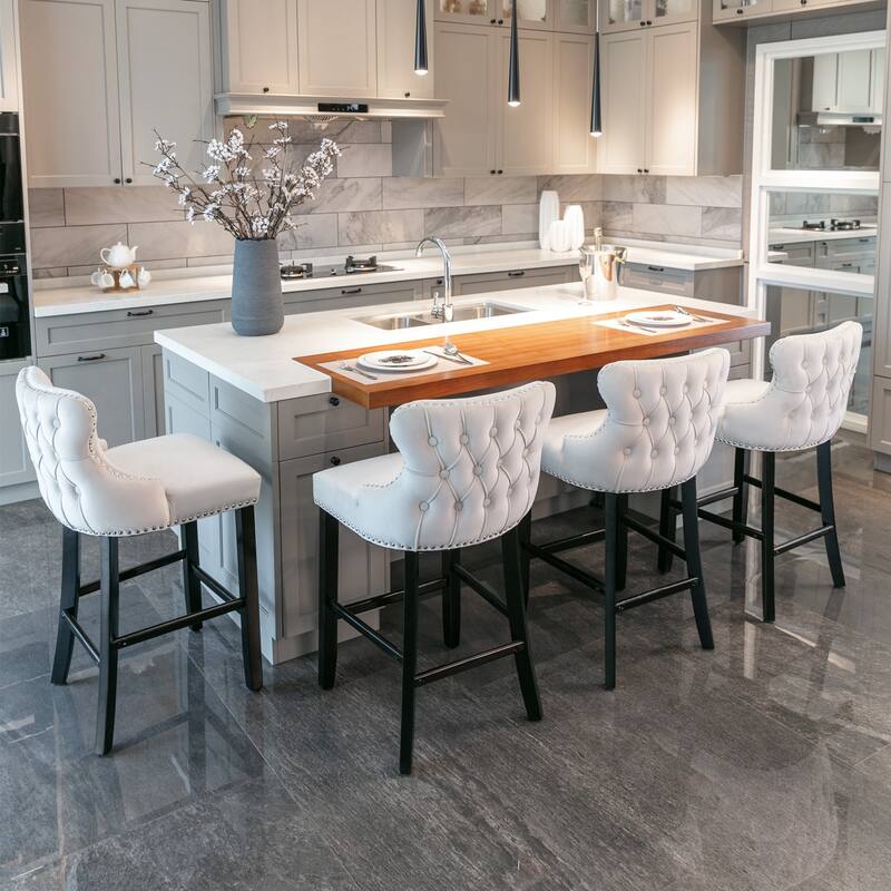Bar Stool Set of 4, Velvet Counter Height Barstools Beige Button Tufted Upholstery Dining Bar Chairs with Chrome Nailhead Trim - Beige