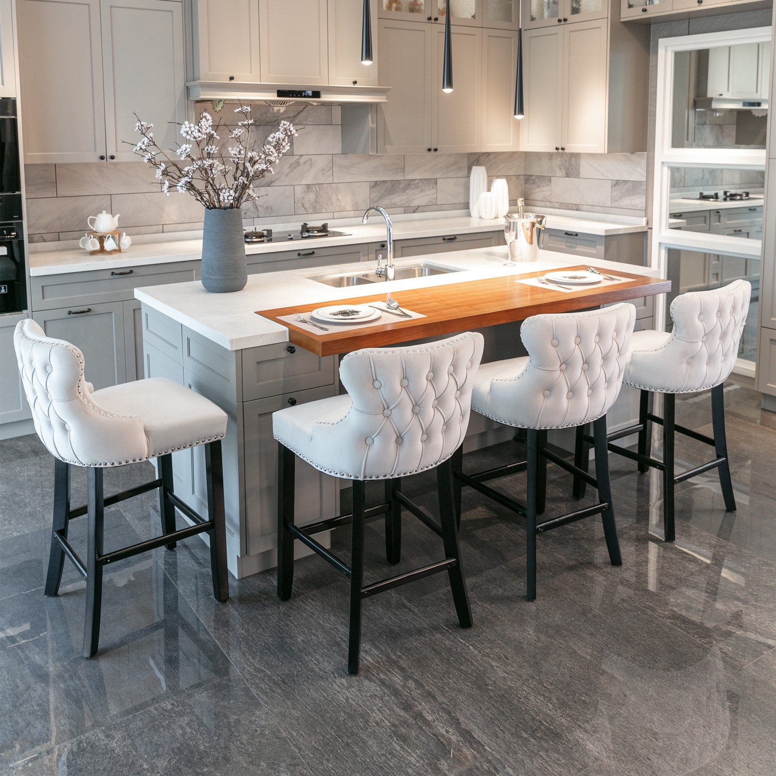 Beige Barstools Set of 4 Bar Stools Velvet Dining Chair with