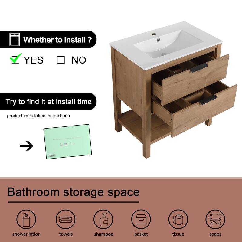 BNK 30'' Single Bathroom Vanity With Sink, Freestanding Bathroom Vanity with Soft Close Drawer and Shelf