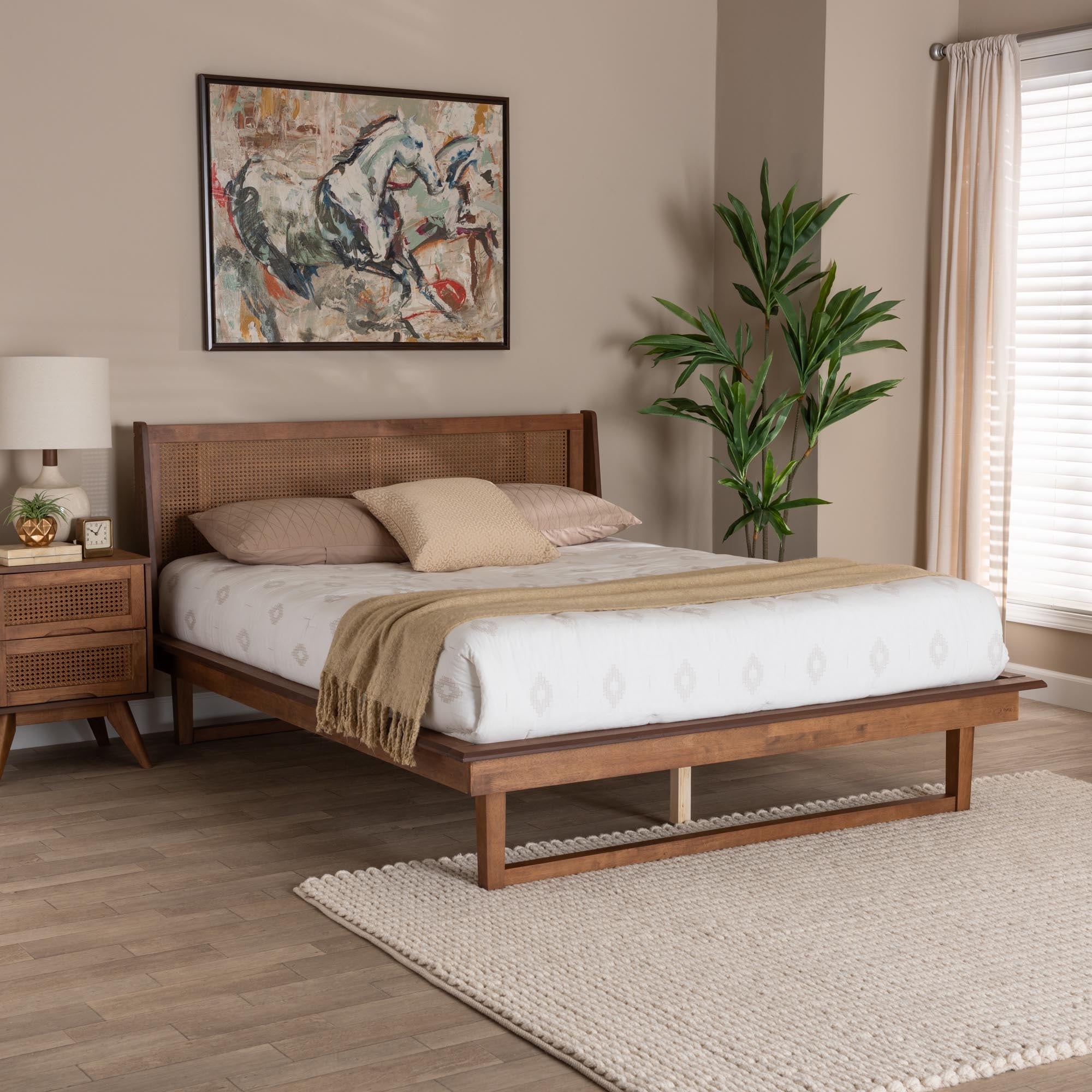 Aveena Mid-Century Modern Walnut Brown Finished Wood Platform Bed