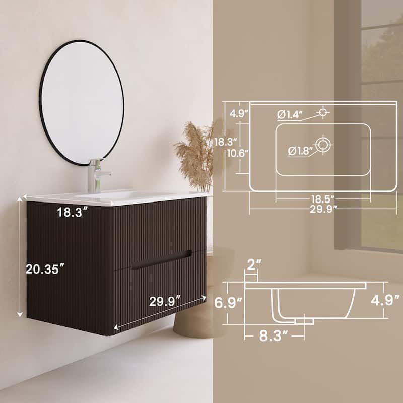 Emma 30 inch Wall-Mounted Bathroom Vanity Set with Integrated Ceramic Sink - 30"x18"x20"