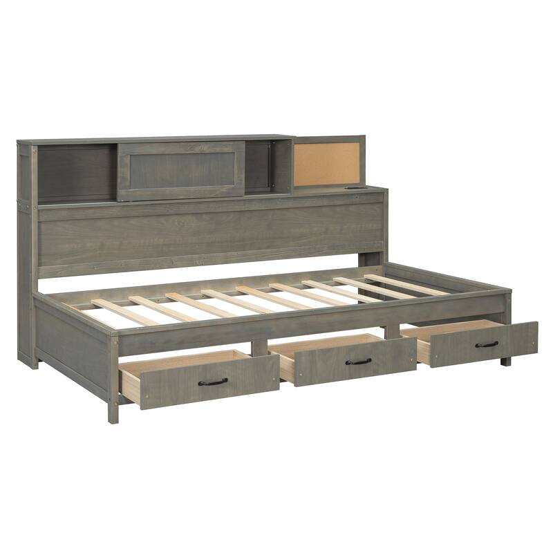 Twin Size Wooden Daybed with Storage Drawers, USB Ports, and Shelf, Gray
