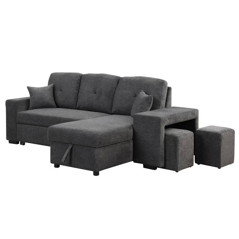 95" Reversible Sleeper Sofa Pull-Out Sofa Bed with Side Shelf and 2 Stools, Storage Chaise Left/Right Hande for Living Room