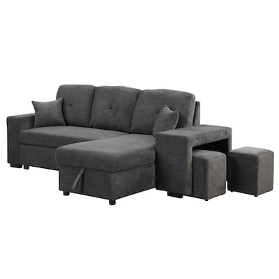 Reversible Sleeper Sectional Sofa Bed Pull-out L-shaped Sofa Bed Corner Sofa-Bed with Side Shelf and 2 Stools, for Living Room