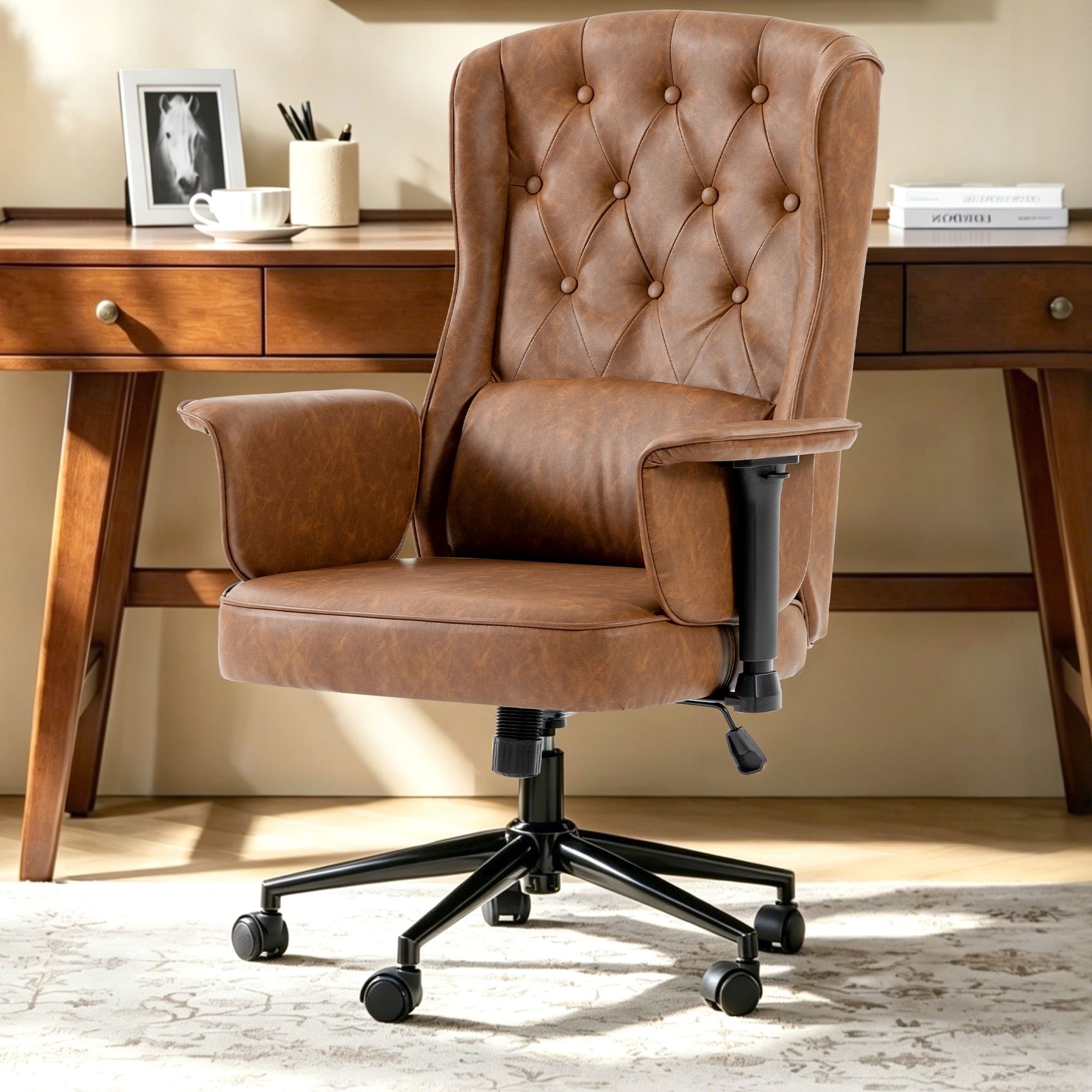Traditional Executive Office Chair with Adjustable Armrests, Button-Tufted Faux Leather High Back Desk Chair with Pillow - N/A