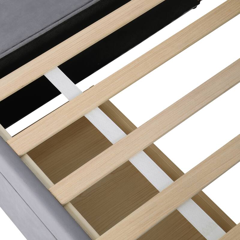 Twin Size L-Shaped Upholstered Platform Bed with Storage and Drawers in Gray