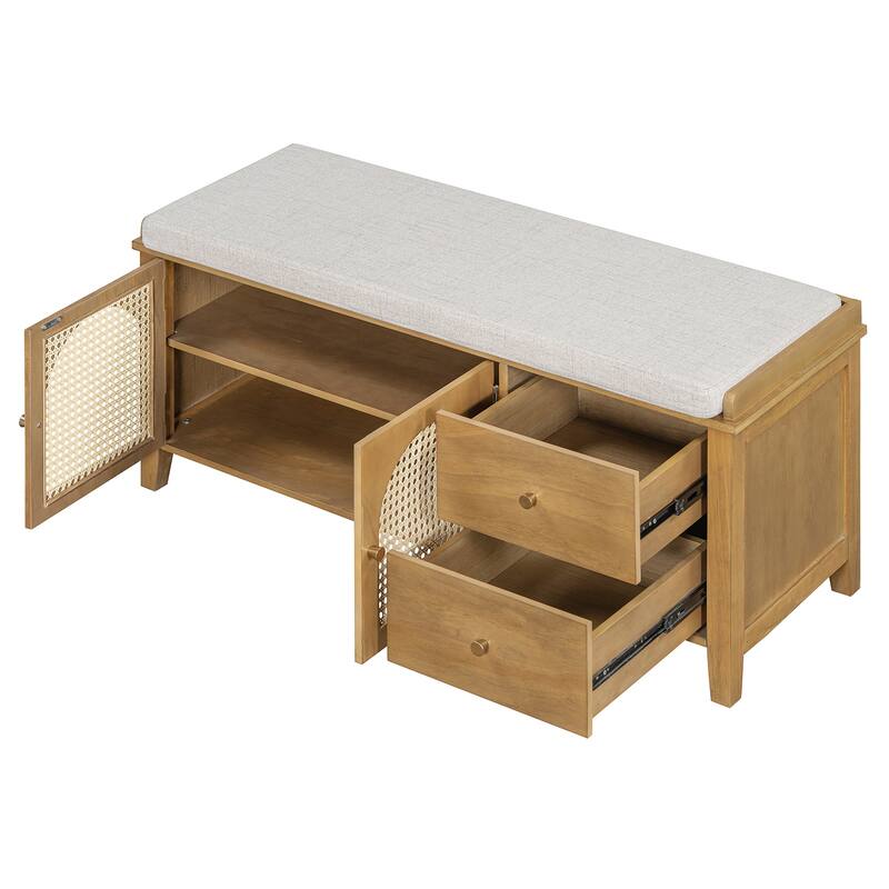 Storage Bench with Cushion,2 Drawers and Rattan Doors for Entryway