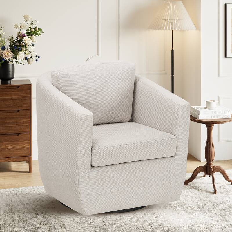 Velvet Barrel Swivel Chair - Round Bouclé Accent with Brass Base, Ready-to-Use for Living Rooms & Reading Corners - 1 - Beige