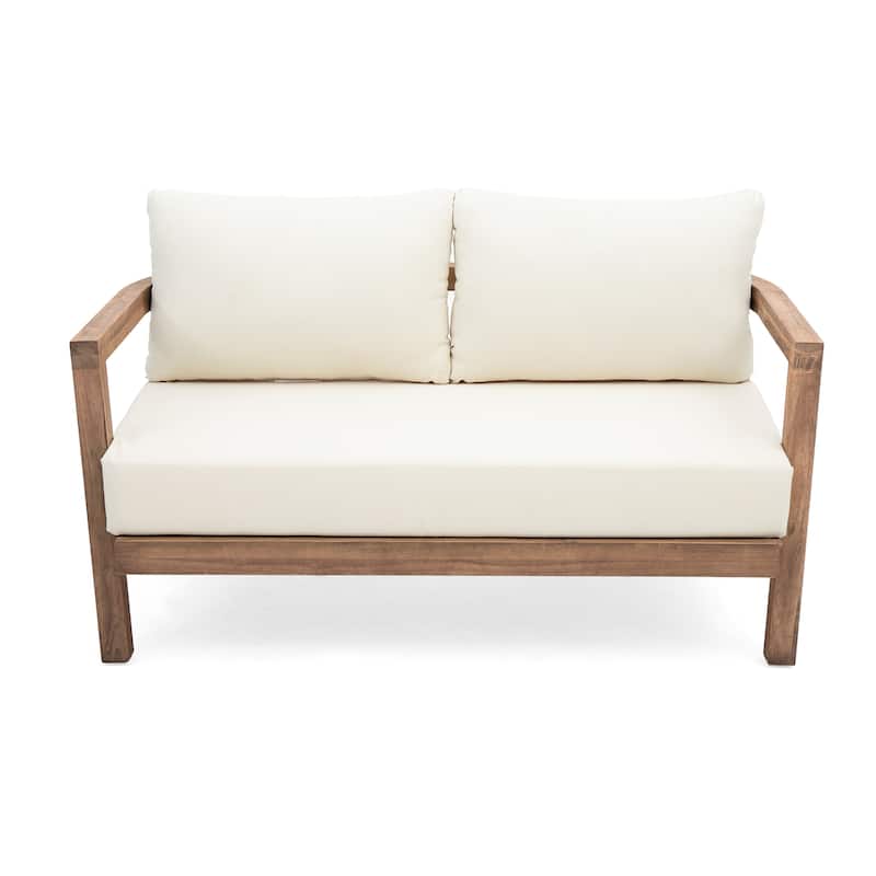 Wichita Outdoor Acacia Wood Transitional Loveseat and Coffee Table with Cushions by Christopher Knight Home