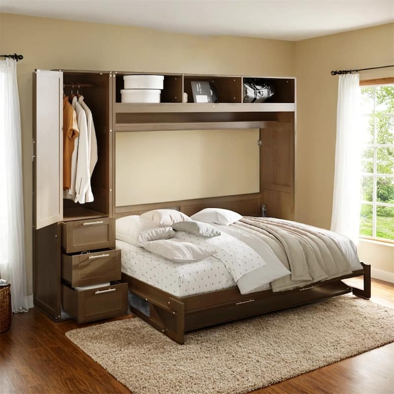 Full Size Murphy Bed w/Wardrobe,Drawers and Open Shelves,Antique Wood