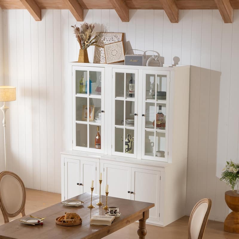 Roomfitters 75.25'' Pantry Cabinet Set with Glass Doors, Farmhouse Display Hutch Wall Storage Cabinet for Kitchen, White