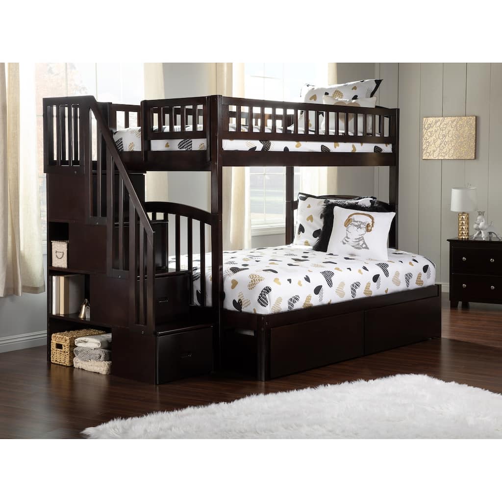 AFI Westbrook Twin over Full Size Staircase Bunk Bed with Bed Drawers & Charging Station in Espresso