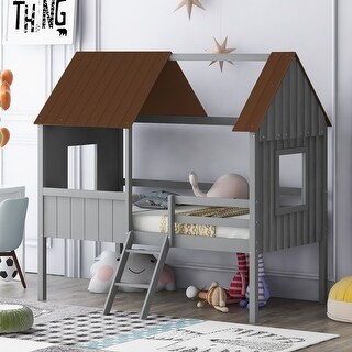 Stylish & Playfun Design Low Loft Bed with Roof, Ladder, Guardrail and Windows, Twin Size, Grey
