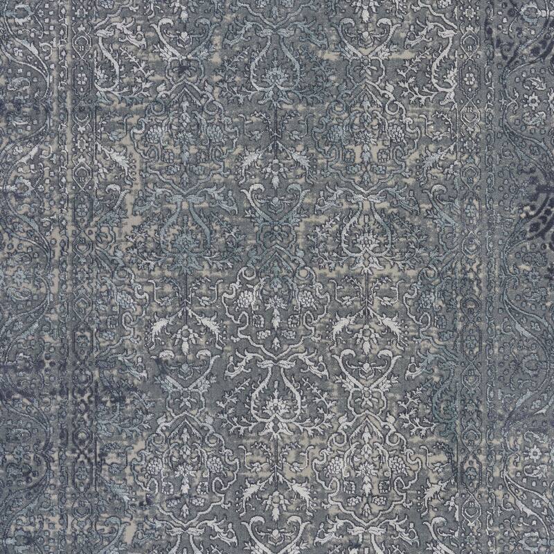 Sevita Carved Transitional Damask Polyester Area Rug, Blue and Silver