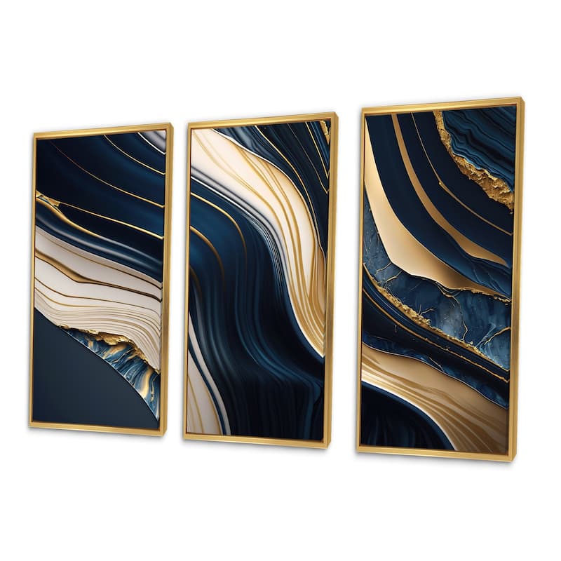 Designart "Abstract Geode Waves Blue And Gold II" Modern Waves Framed Canvas Art Print - 3 Panels