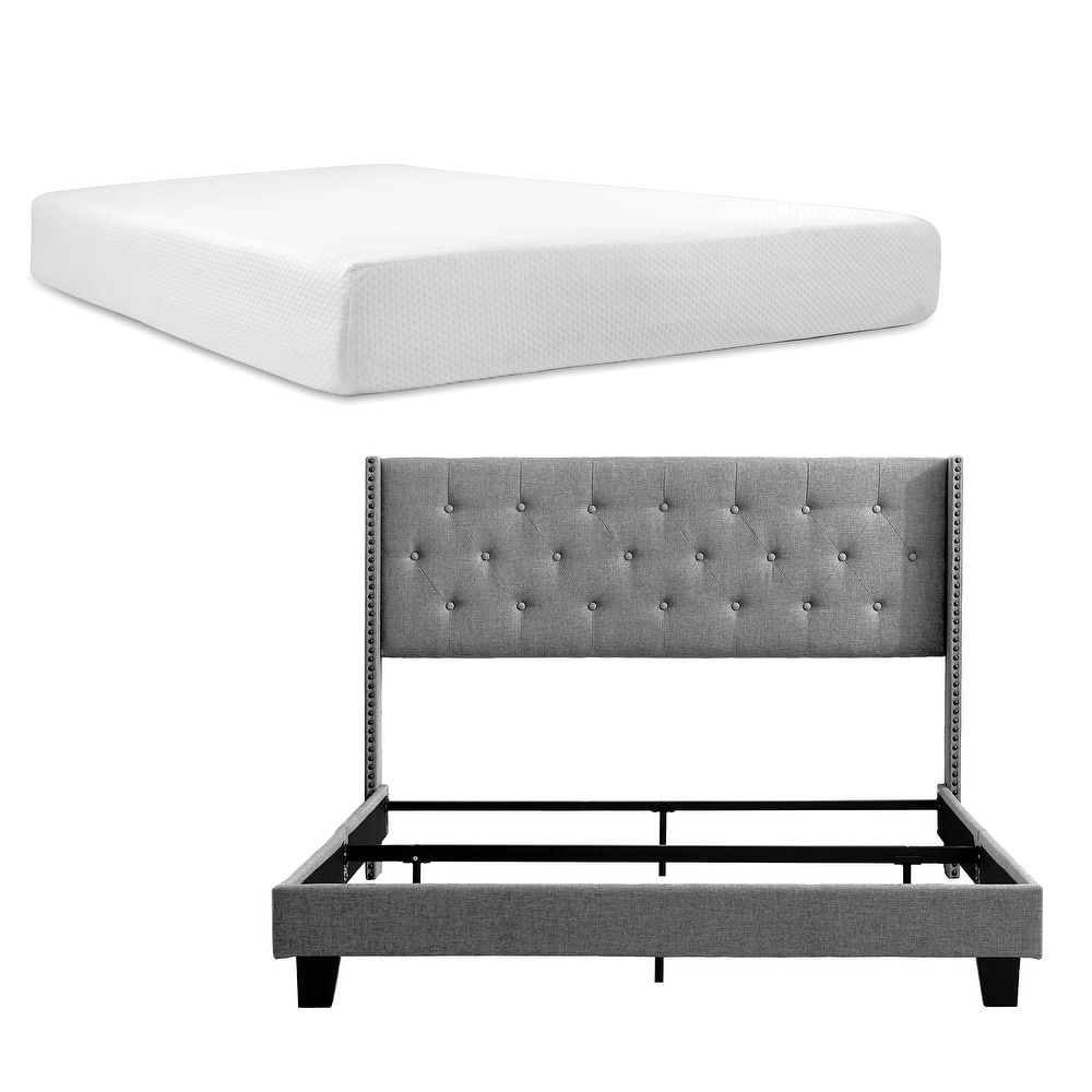 Empyrean Bed Frame with 8" Green Tea Graphite Memory Foam Mattress and Headboard Wingback