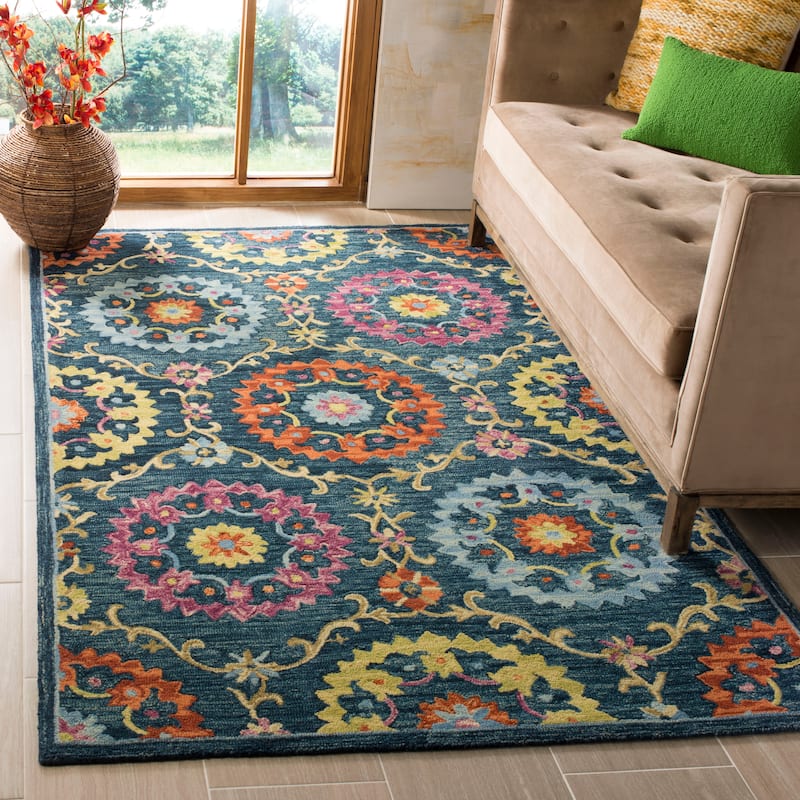 SAFAVIEH Handmade Suzani Florane Boho Tribal Wool Rug - 5' x 8' - Blue/Multi