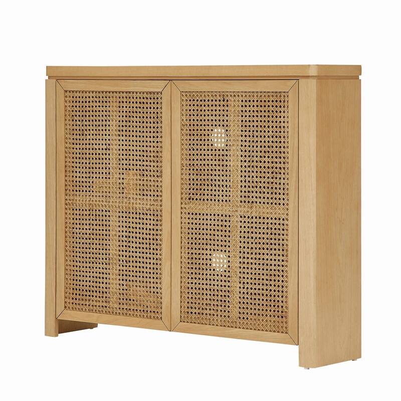 Mid Century Modern 63" Wide 2 - Cane Rattan Door Storage Sideboard, Retro Wine Bar Credenza for Living Room Entryway Kitchen