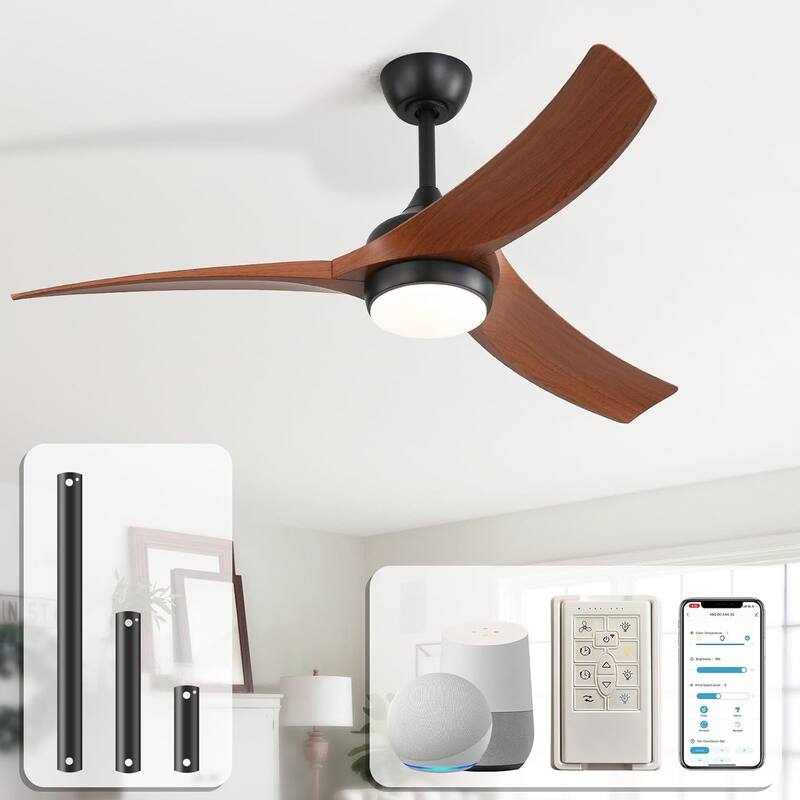 Sofucor 52 Inch Ceiling Fan with Light Remote Control,Airflow 6000CFM 3-Timer with ABS 3 Blades Reversible DC Motor - Smart(Remote+APP+Voice) - Black with Deep wood grain Blades