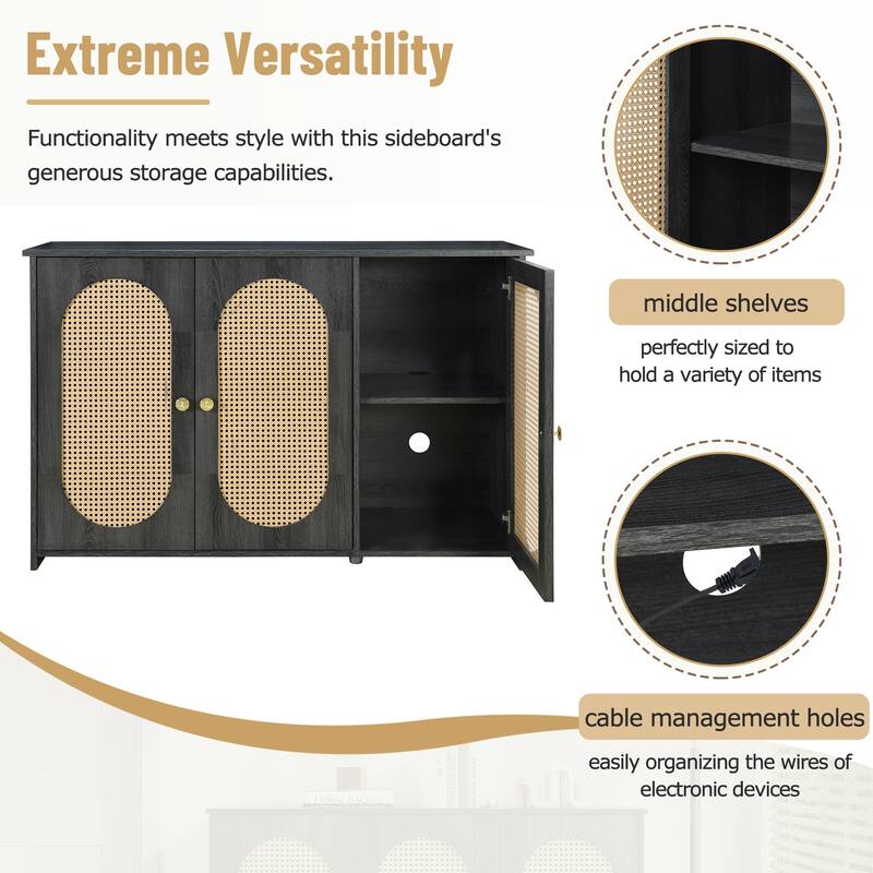 Oval Rattan Doors Black Sideboard with Adjustable Shelves