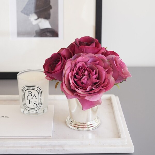 FloralGoods Pink Mixed Rose in Silver Metal Vase 8" Tall