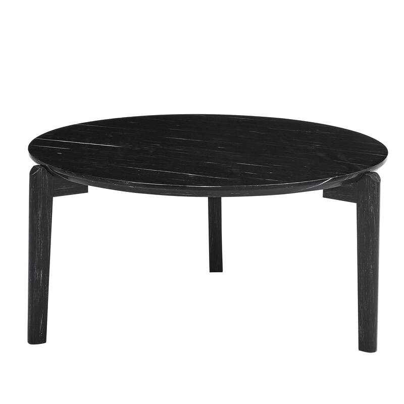 Living Room Coffee Table,36 Inch Round Small Coffee Table,Imitation Marble Tabletop With Rubber Wood Legs,Wooden Coffee Table